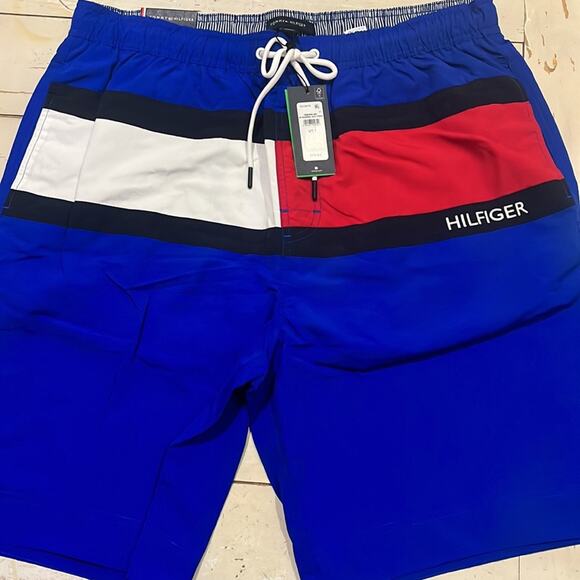 TOMMY HILFIGER Swim Trunks FLAG Lined Shorts Large Tall Colbolt Blue 10” Inseam - Picture 3 of 7